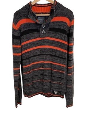 MFM 100% cotton knit sweater black orange stripes long sleeve zipup button small